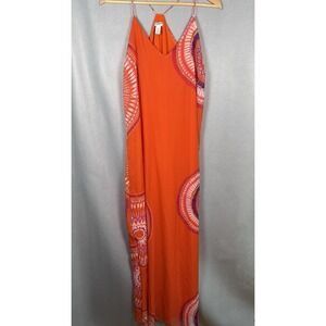 Boho Maxi Slip Dress Hippie Spaghetti Strap Orange Mandala Print XL Tall